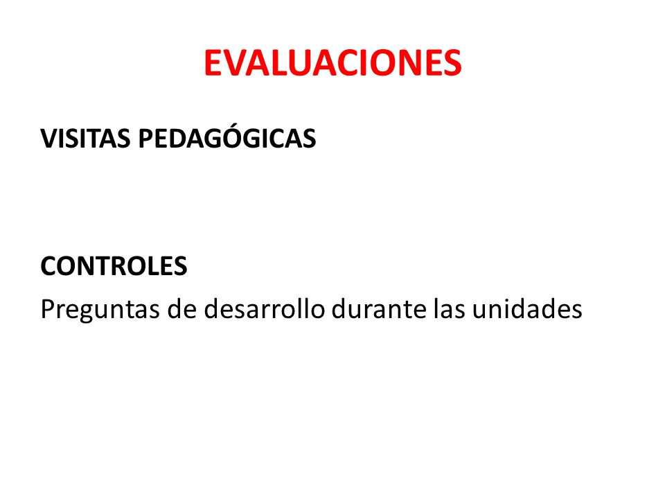 EVALUACIONES VISITAS PEDAGÓGICAS CONTROLES Preguntas de desarrollo durante las unidades