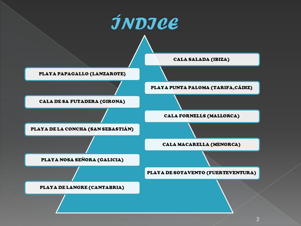 ÍNDICE CALA SALADA (IBIZA) PLAYA PAPAGALLO (LANZAROTE) PLAYA PUNTA PALOMA (TARIFA,CÁDIZ) CALA DE SA FUTADERA (GIRONA)