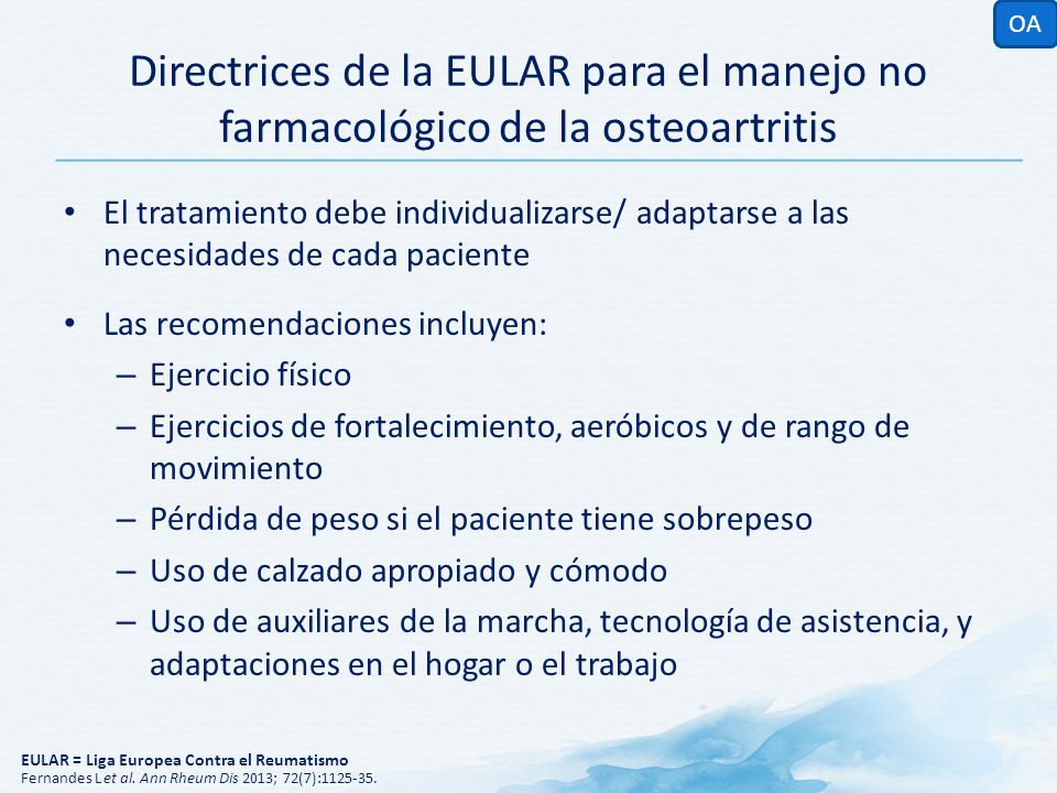 OA Directrices de la EULAR para el manejo no farmacológico de la osteoartritis.