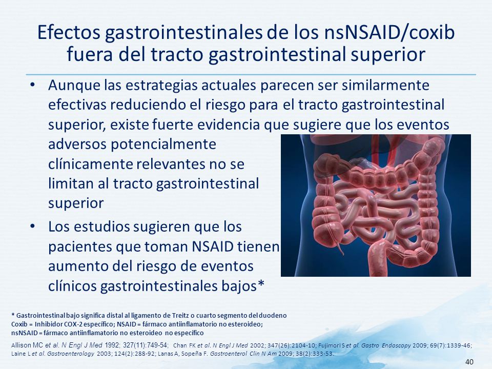 Efectos gastrointestinales de los nsNSAID/coxib fuera del tracto gastrointestinal superior