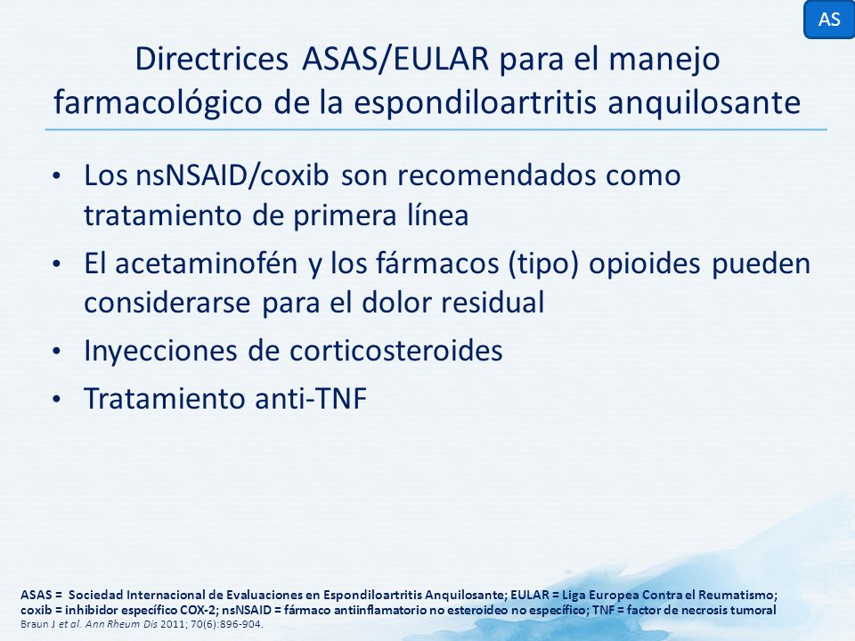 AS Directrices ASAS/EULAR para el manejo farmacológico de la espondiloartritis anquilosante.