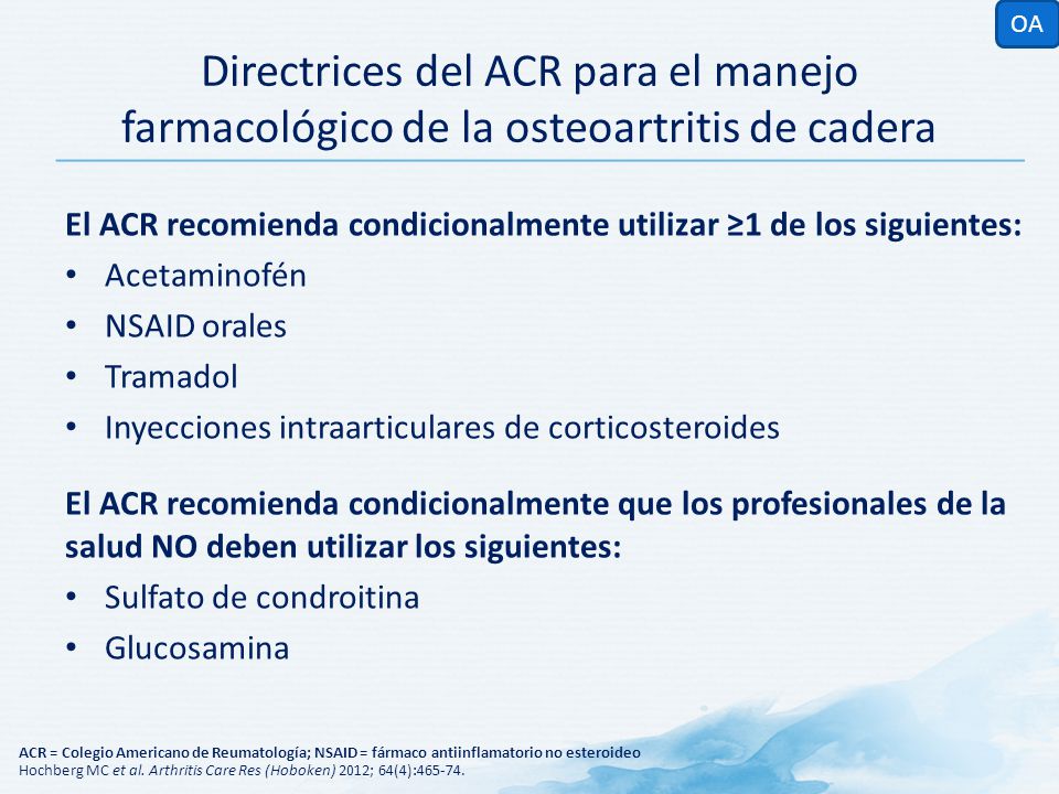 OA Directrices del ACR para el manejo farmacológico de la osteoartritis de cadera. El ACR recomienda condicionalmente utilizar ≥1 de los siguientes: