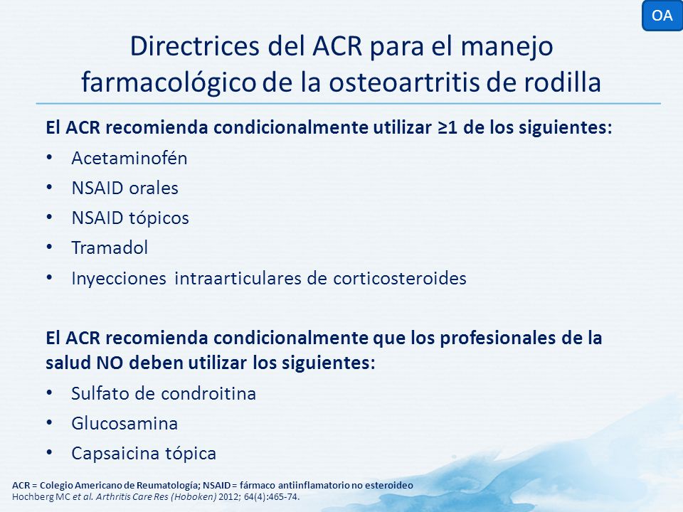 OA Directrices del ACR para el manejo farmacológico de la osteoartritis de rodilla.