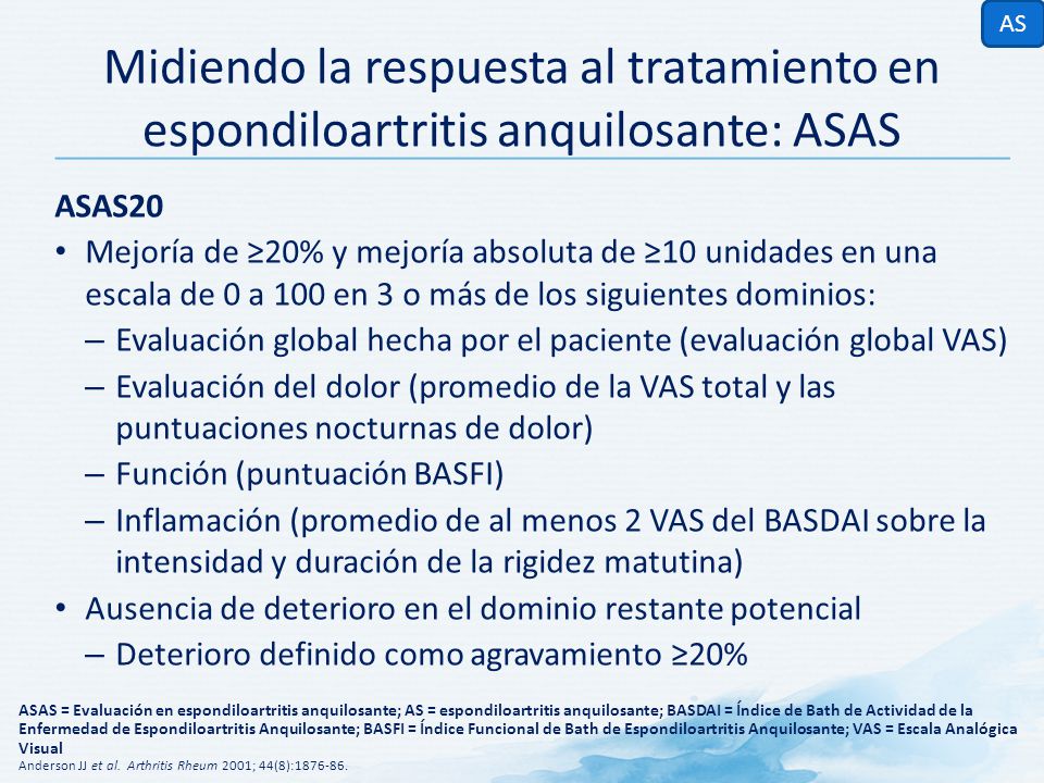 AS Midiendo la respuesta al tratamiento en espondiloartritis anquilosante: ASAS. ASAS20.