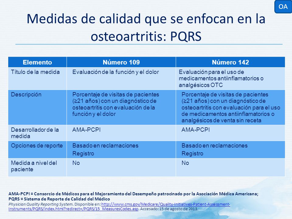 Medidas de calidad que se enfocan en la osteoartritis: PQRS