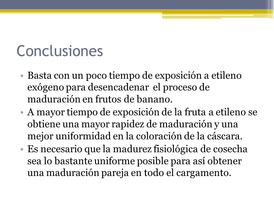 Conclusiones Basta con un poco tiempo de exposición a etileno exógeno para desencadenar el proceso de maduración en frutos de banano.