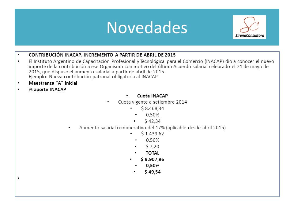 Novedades CONTRIBUCIÓN INACAP. INCREMENTO A PARTIR DE ABRIL DE 2015
