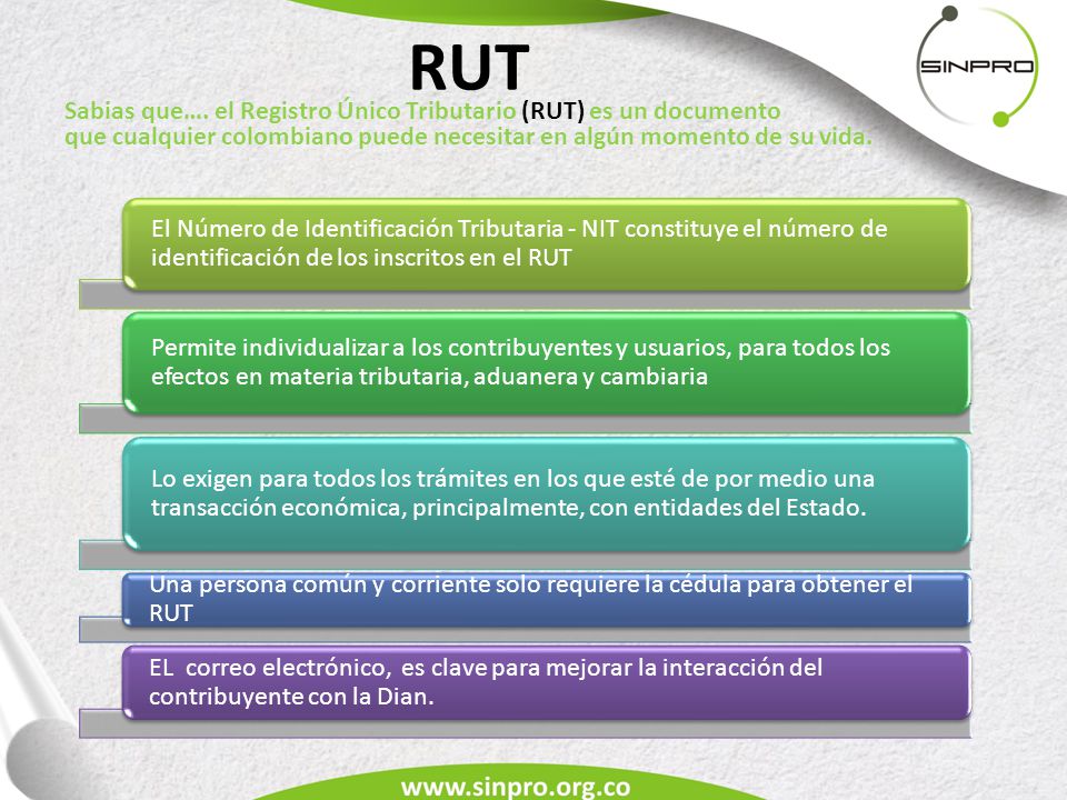 RUT Sabias que…. el Registro Único Tributario (RUT) es un documento