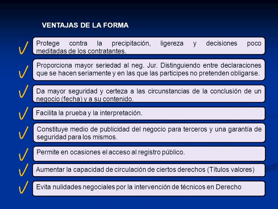 Ventajas de la forma Protege contra la precipitación, ligereza y decisiones poco meditadas de los contratantes.