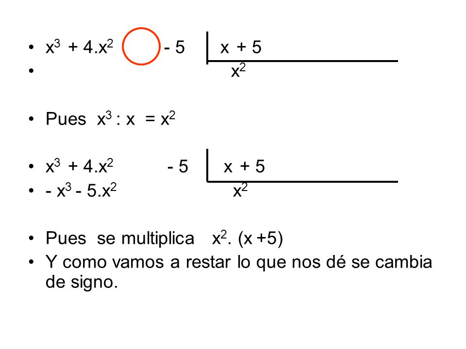 x3 + 4.x2 - 5 x + 5 x2. Pues x3 : x = x2. x3 + 4.x2 - 5 x + 5.