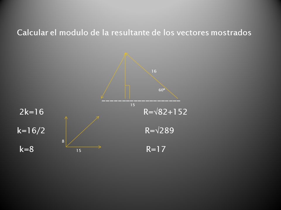 Calcular el modulo de la resultante de los vectores mostrados 16 60º ____________________ 15 2k=16 R= k=16/2 R=289 8 k=8 15 R=17