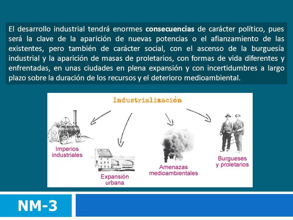 El desarrollo industrial tendrá enormes consecuencias de carácter político, pues será la clave de la aparición de nuevas potencias o el afianzamiento de las existentes, pero también de carácter social, con el ascenso de la burguesía industrial y la aparición de masas de proletarios, con formas de vida diferentes y enfrentadas, en unas ciudades en plena expansión y con incertidumbres a largo plazo sobre la duración de los recursos y el deterioro medioambiental.