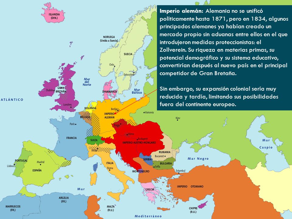 Imperio alemán: Alemania no se unificó políticamente hasta 1871, pero en 1834, algunos principados alemanes ya habían creado un mercado propio sin aduanas entre ellos en el que introdujeron medidas proteccionistas: el Zollverein. Su riqueza en materias primas, su potencial demográfico y su sistema educativo, convertirían después al nuevo país en el principal competidor de Gran Bretaña.