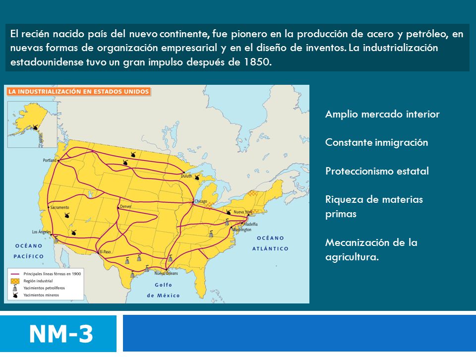 El recién nacido país del nuevo continente, fue pionero en la producción de acero y petróleo, en nuevas formas de organización empresarial y en el diseño de inventos. La industrialización estadounidense tuvo un gran impulso después de 1850.