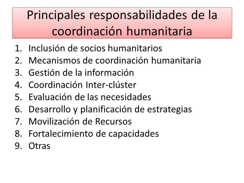 Principales responsabilidades de la coordinación humanitaria