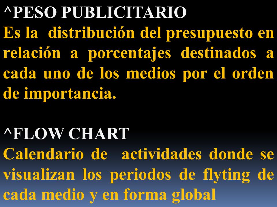 ^PESO PUBLICITARIO Es la distribución del presupuesto en relación a porcentajes destinados a cada uno de los medios por el orden de importancia.