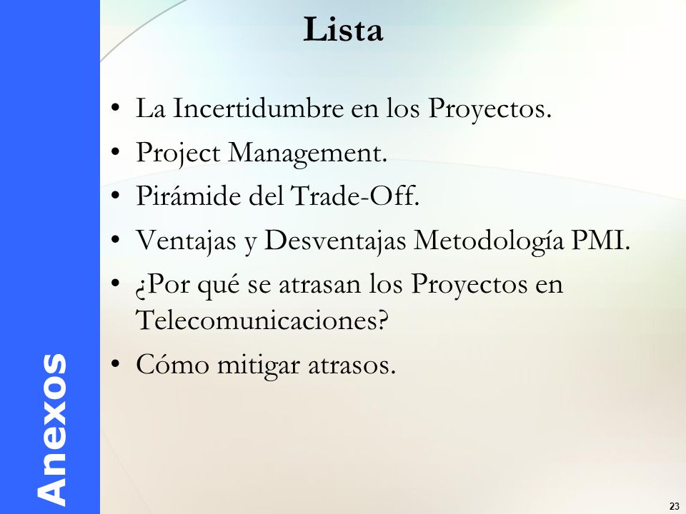 Lista Anexos La Incertidumbre en los Proyectos. Project Management.