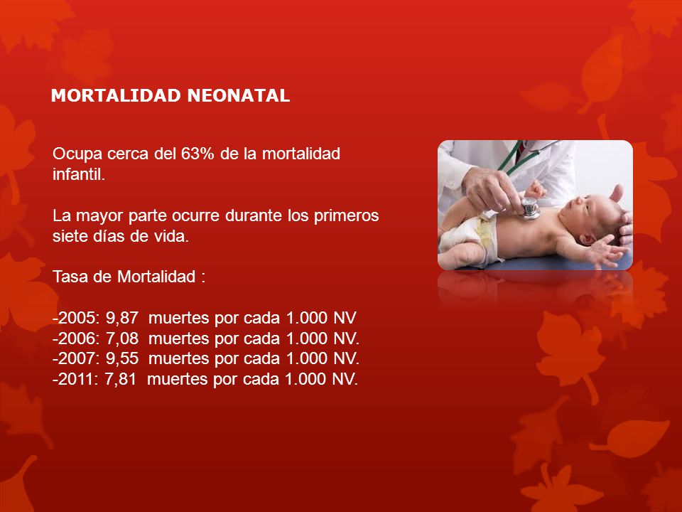 MORTALIDAD NEONATAL Ocupa cerca del 63% de la mortalidad infantil. La mayor parte ocurre durante los primeros siete días de vida.