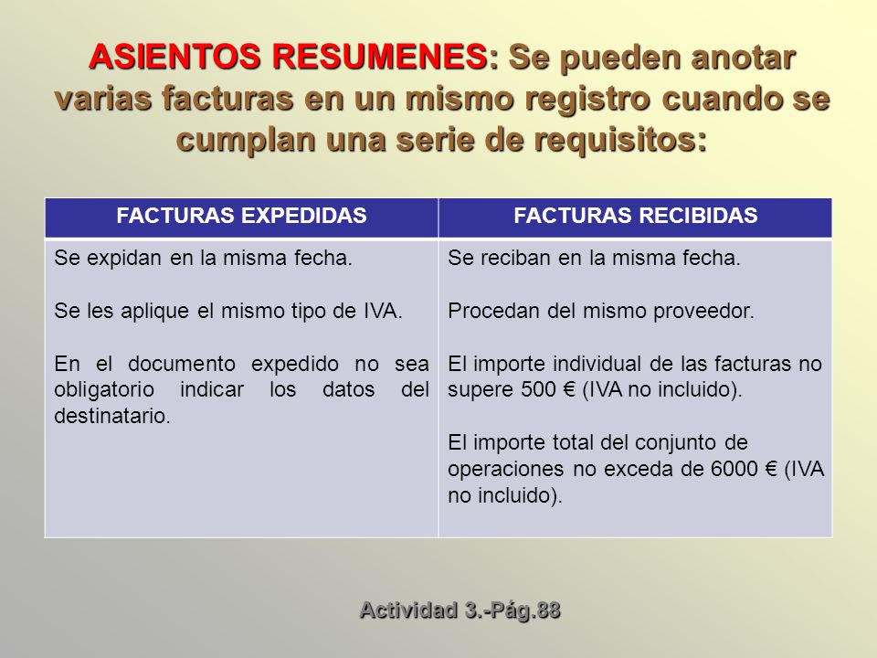 ASIENTOS RESUMENES: Se pueden anotar varias facturas en un mismo registro cuando se cumplan una serie de requisitos: