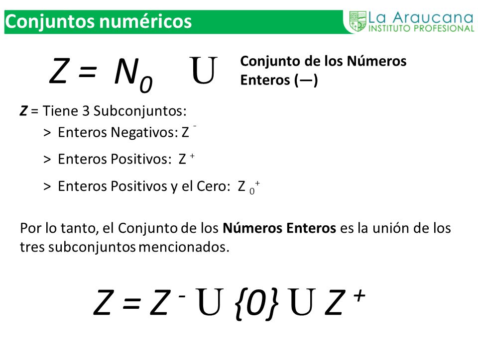 Z = N0 U Z = Z - U {0} U Z + Conjuntos numéricos