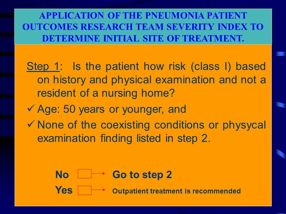 APPLICATION OF THE PNEUMONIA PATIENT OUTCOMES RESEARCH TEAM SEVERITY INDEX TO DETERMINE INITIAL SITE OF TREATMENT.