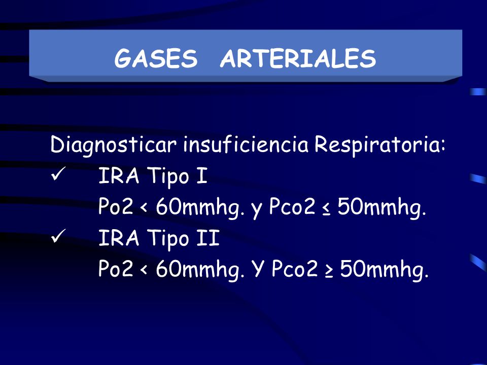 GASES ARTERIALES Diagnosticar insuficiencia Respiratoria: IRA Tipo I