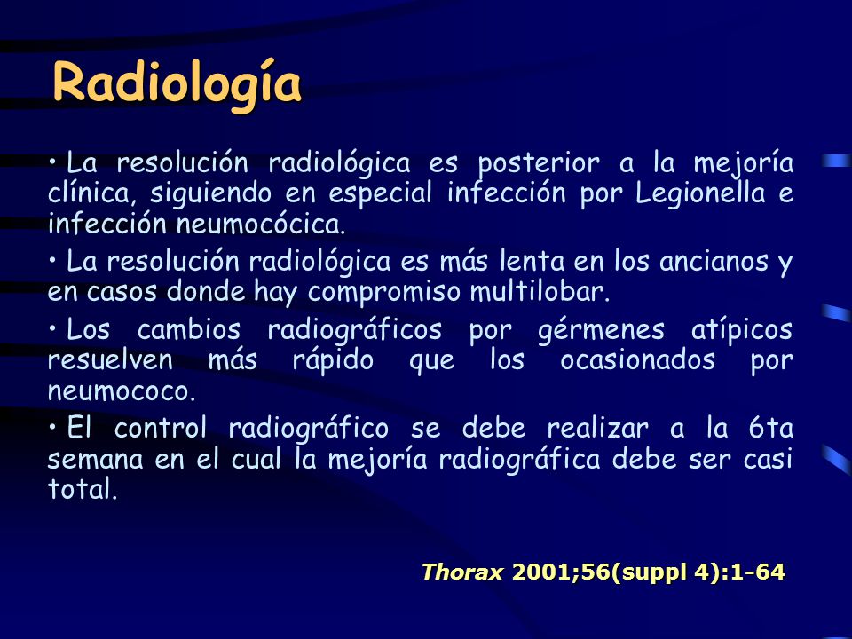 Radiología La resolución radiológica es posterior a la mejoría clínica, siguiendo en especial infección por Legionella e infección neumocócica.