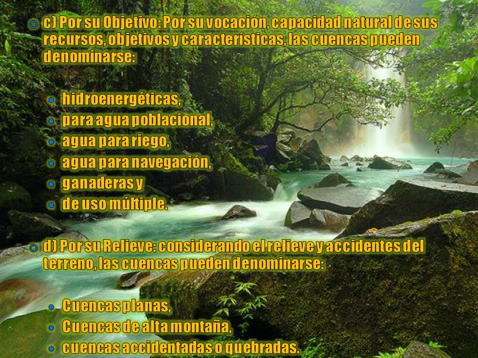 c) Por su Objetivo: Por su vocación, capacidad natural de sus recursos, objetivos y características, las cuencas pueden denominarse: