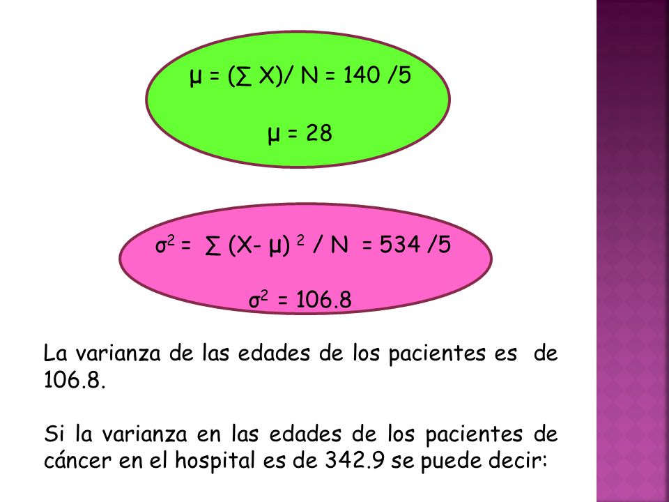 μ = (∑ X)/ N = 140 /5 μ = 28 σ2 = ∑ (X- μ) 2 / N = 534 /5 σ2 = 106.8