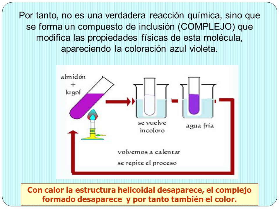 Por tanto, no es una verdadera reacción química, sino que se forma un compuesto de inclusión (COMPLEJO) que modifica las propiedades físicas de esta molécula, apareciendo la coloración azul violeta.
