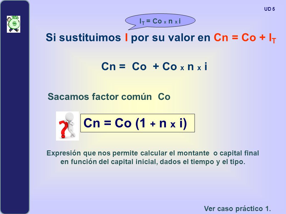 Cn = Co (1 + n x i) Si sustituimos I por su valor en Cn = Co + IT