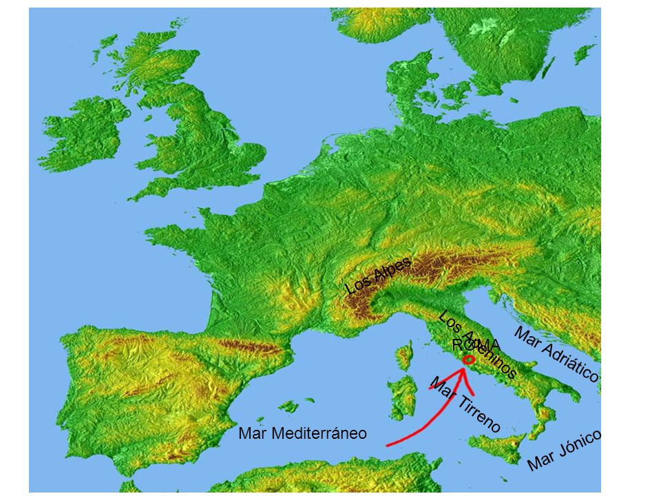 Los Alpes ROMA Los Apeninos Mar Adriático Mar Jónico Mar Mediterráneo Mar Tirreno