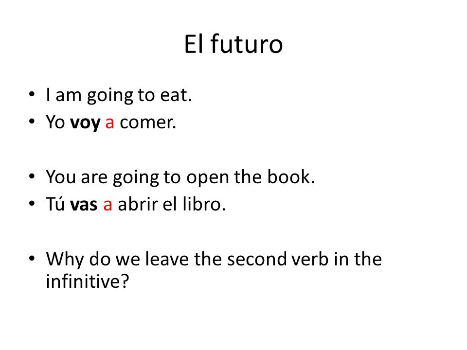El futuro I am going to eat. Yo voy a comer.