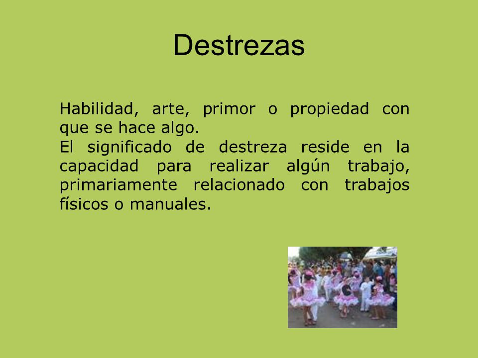 Destrezas Habilidad, arte, primor o propiedad con que se hace algo.