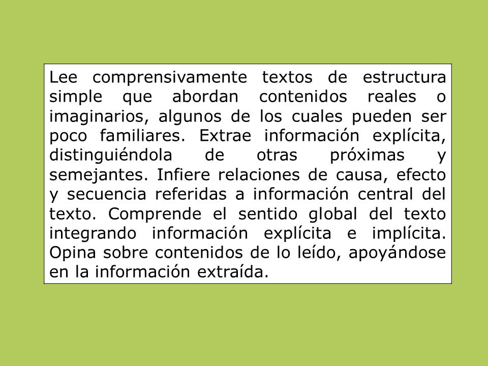 Lee comprensivamente textos de estructura simple que abordan contenidos reales o imaginarios, algunos de los cuales pueden ser poco familiares. Extrae información explícita, distinguiéndola de otras próximas y semejantes. Infiere relaciones de causa, efecto y secuencia referidas a información central del texto. Comprende el sentido global del texto integrando información explícita e implícita. Opina sobre contenidos de lo leído, apoyándose en la información extraída.