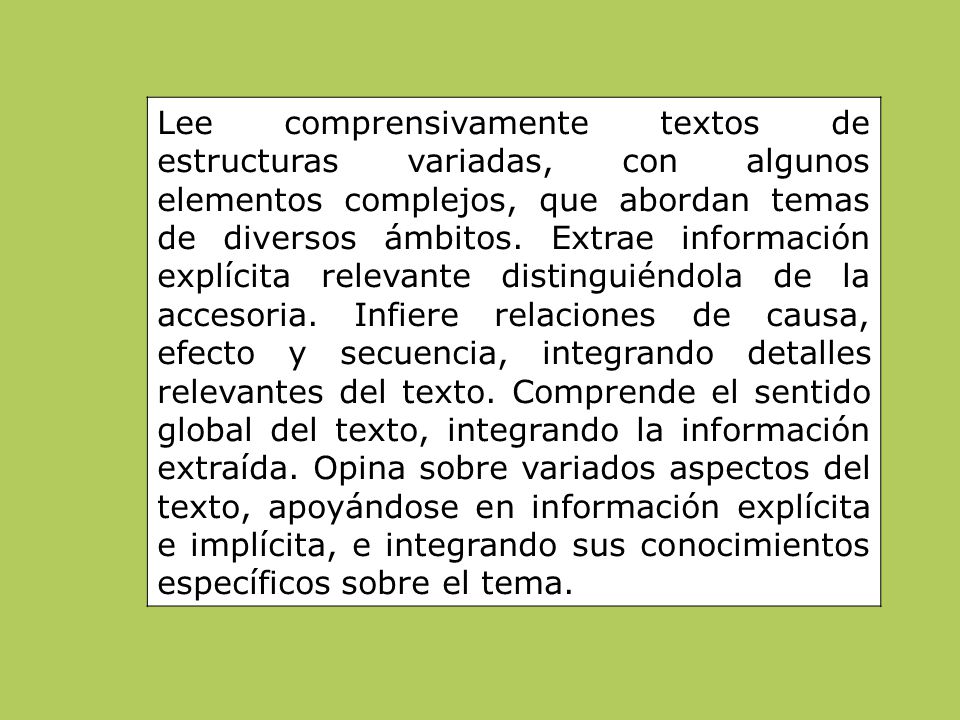 Lee comprensivamente textos de estructuras variadas, con algunos elementos complejos, que abordan temas de diversos ámbitos. Extrae información explícita relevante distinguiéndola de la accesoria. Infiere relaciones de causa, efecto y secuencia, integrando detalles relevantes del texto. Comprende el sentido global del texto, integrando la información extraída. Opina sobre variados aspectos del texto, apoyándose en información explícita e implícita, e integrando sus conocimientos específicos sobre el tema.