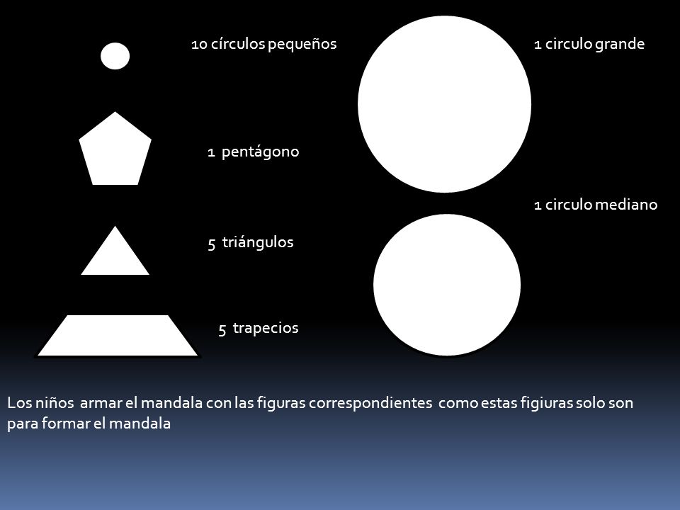 10 círculos pequeños 1 circulo grande. 1 pentágono. 1 circulo mediano. 5 triángulos. 5 trapecios.