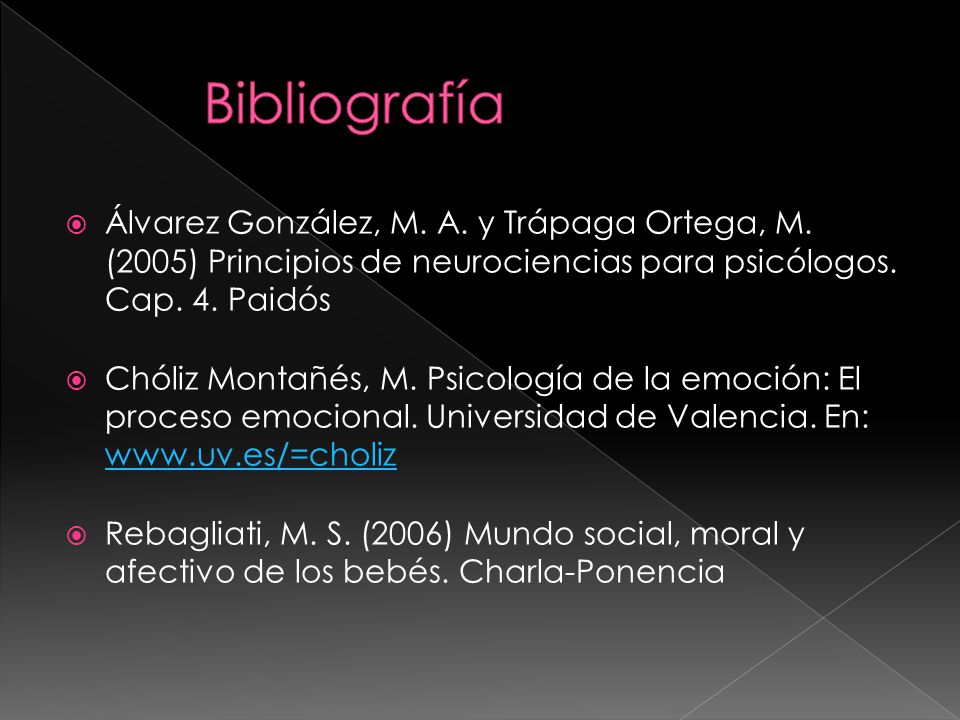 Bibliografía Álvarez González, M. A. y Trápaga Ortega, M. (2005) Principios de neurociencias para psicólogos. Cap. 4. Paidós.