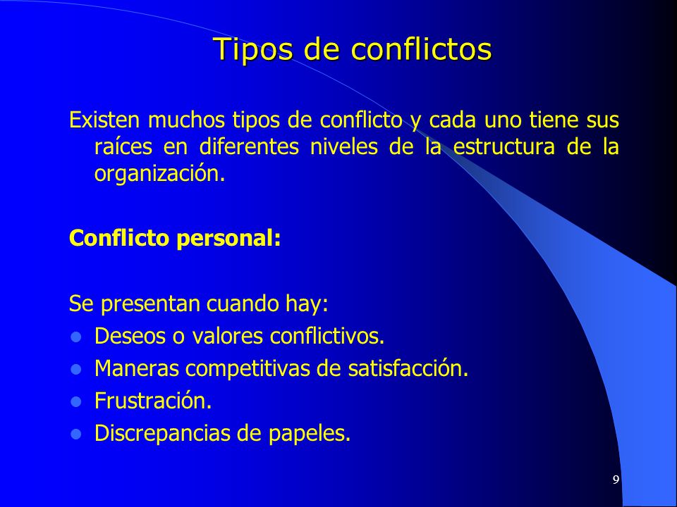 Tipos de conflictos Existen muchos tipos de conflicto y cada uno tiene sus raíces en diferentes niveles de la estructura de la organización.