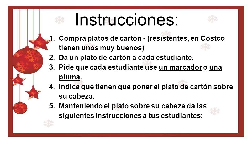 Instrucciones: Compra platos de cartón - (resistentes, en Costco tienen unos muy buenos) Da un plato de cartón a cada estudiante.