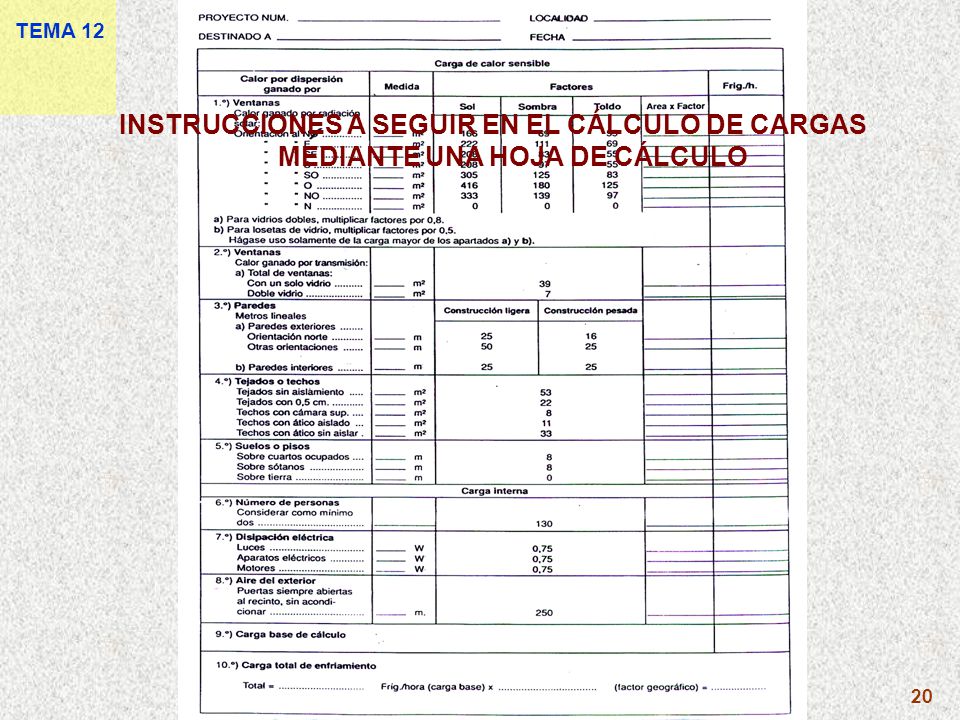 TEMA 12 INSTRUCCIONES A SEGUIR EN EL CÁLCULO DE CARGAS MEDIANTE UNA HOJA DE CÁLCULO 20