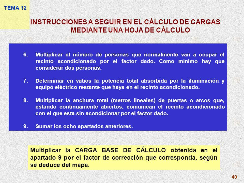 TEMA 12 INSTRUCCIONES A SEGUIR EN EL CÁLCULO DE CARGAS MEDIANTE UNA HOJA DE CÁLCULO.