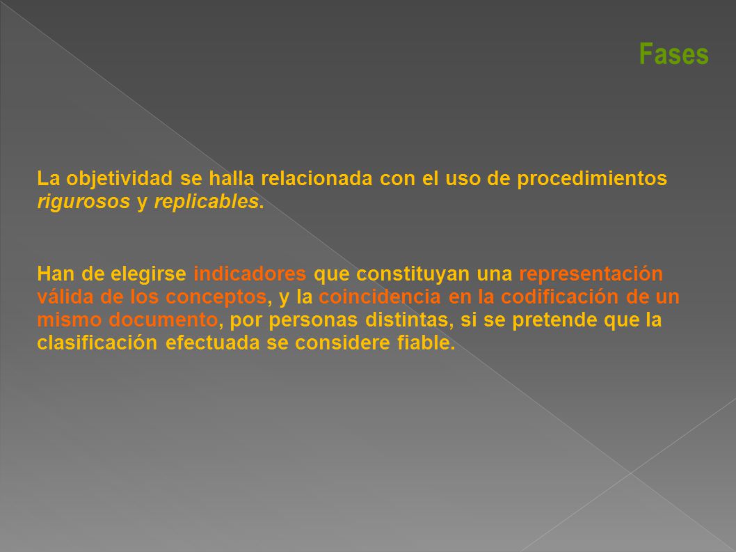 Fases La objetividad se halla relacionada con el uso de procedimientos rigurosos y replicables.