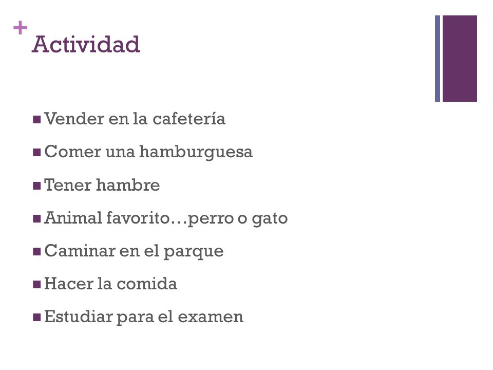 Actividad Vender en la cafetería Comer una hamburguesa Tener hambre