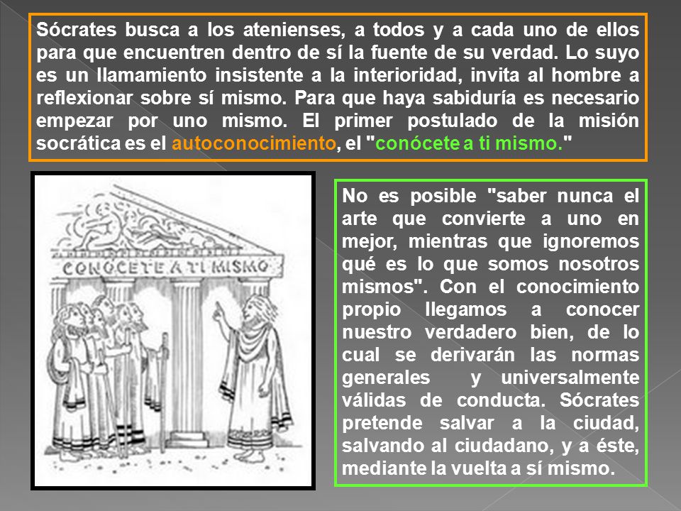 Sócrates busca a los atenienses, a todos y a cada uno de ellos para que encuentren dentro de sí la fuente de su verdad. Lo suyo es un llamamiento insistente a la interioridad, invita al hombre a reflexionar sobre sí mismo. Para que haya sabiduría es necesario empezar por uno mismo. El primer postulado de la misión socrática es el autoconocimiento, el conócete a ti mismo.