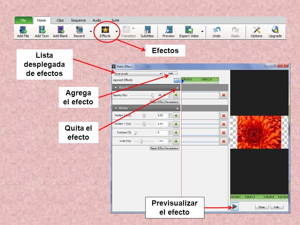 Lista desplegada de efectos Previsualizar el efecto