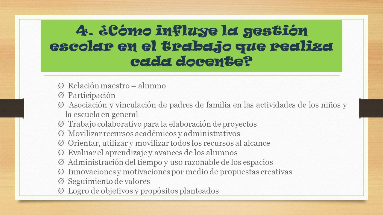 4. ¿Cómo influye la gestión escolar en el trabajo que realiza cada docente
