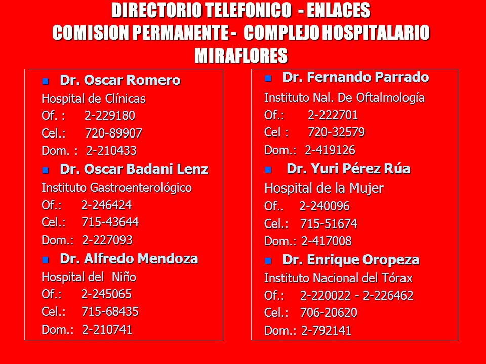 DIRECTORIO TELEFONICO - ENLACES COMISION PERMANENTE - COMPLEJO HOSPITALARIO MIRAFLORES