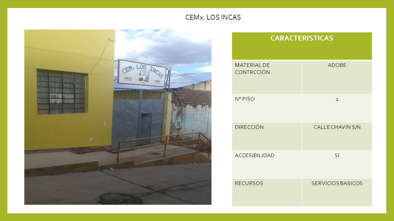 CEMx. LOS INCAS CARACTERISTICAS MATERIAL DE CONTRCCIÓN ADOBE N° PISO 2