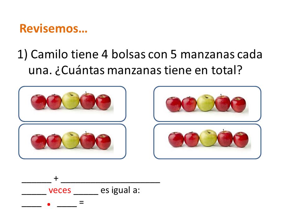 Revisemos… 1) Camilo tiene 4 bolsas con 5 manzanas cada una. ¿Cuántas manzanas tiene en total ______ + ____________________.
